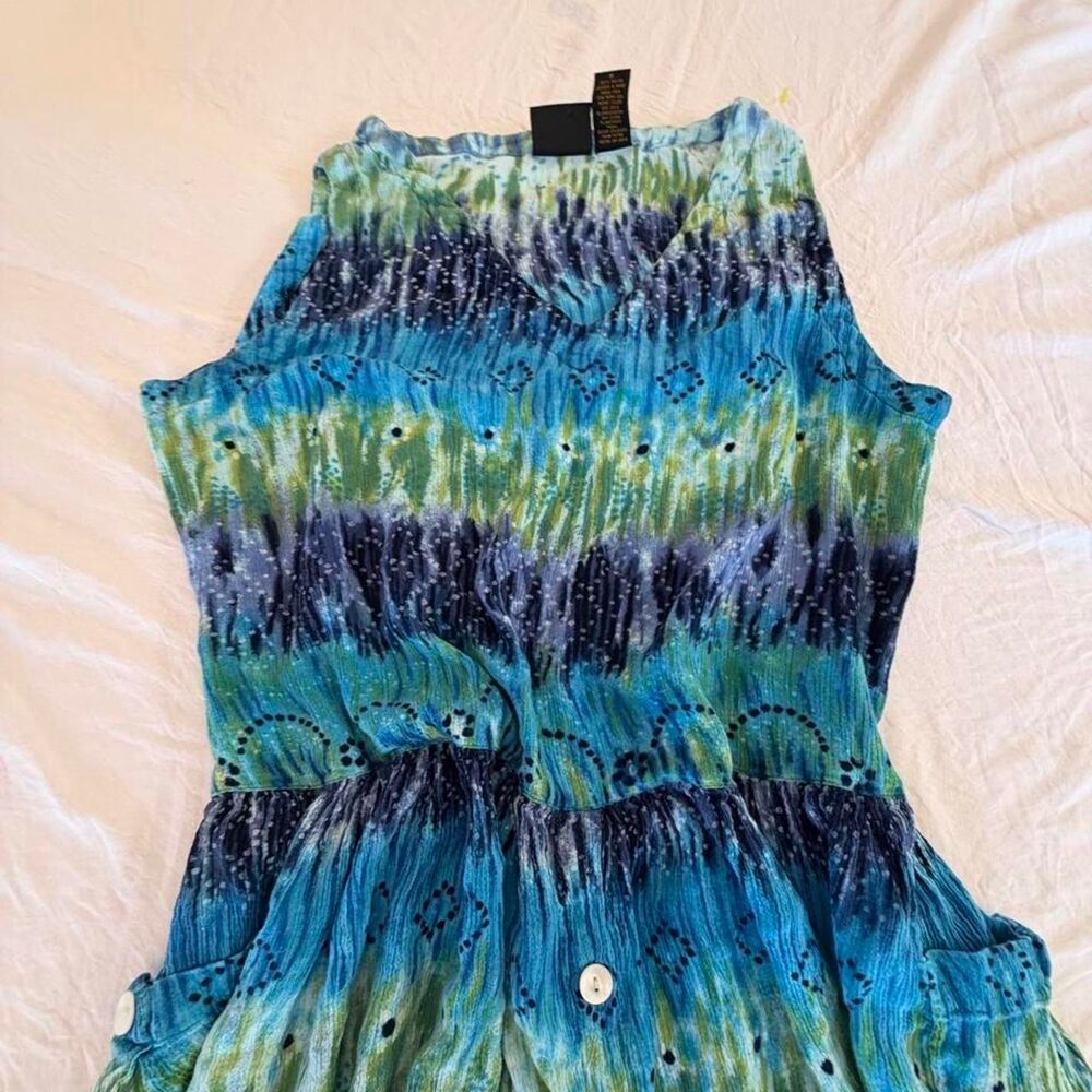 Vintage BILA Abstract Tie Dye Crinkle Rayon Button-Front Midi Dress Blue Green